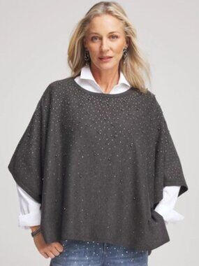 NWT Chico's Dark Gray Embellished Cashmere Blend Poncho Sweater L/XL